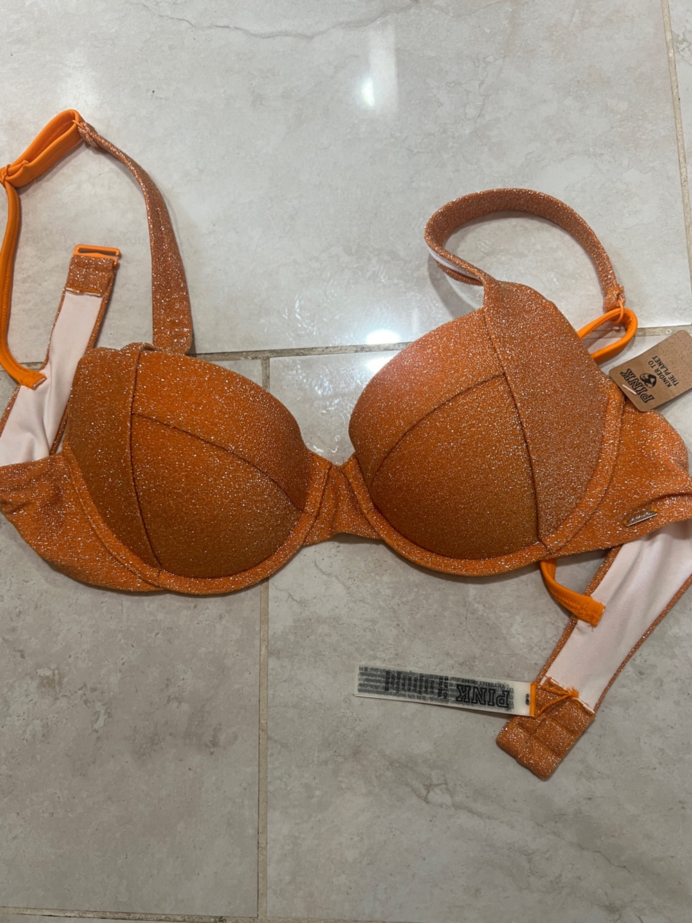 Victoria’s Secret PINK Glitter Orange Push-Up Bikini top NWT size small